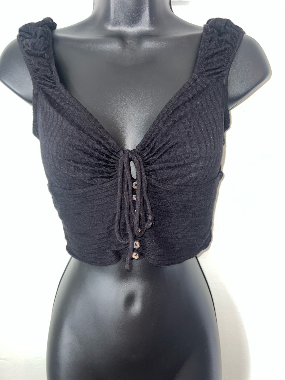 Forever 21 Black Ribbed Tie-Front Crop Top
